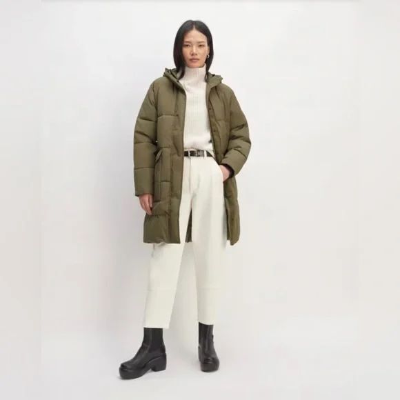 Everlane The Renew Long Puffer Coat Womens Small Kalamata Olive Hooded Primaloft - Picture 1 of 11